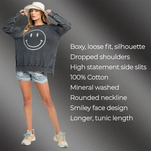 EASEL "All Smiles"  Mineral Washed 100% Soft Cotton Terry Knit Tunic Side Slits - Picture 3 of 11
